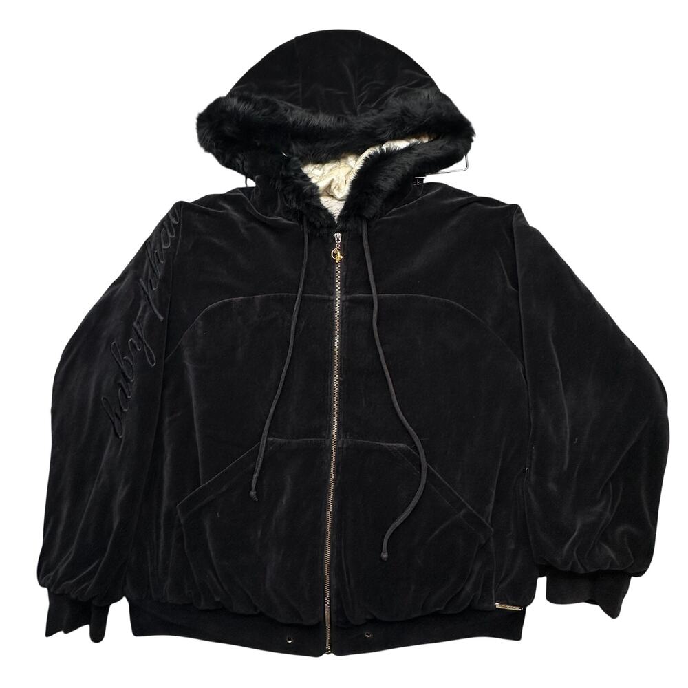 Vintage Baby Phat Velour Jacket Womens Large Fur Trim Hooded Black Quilt Lined